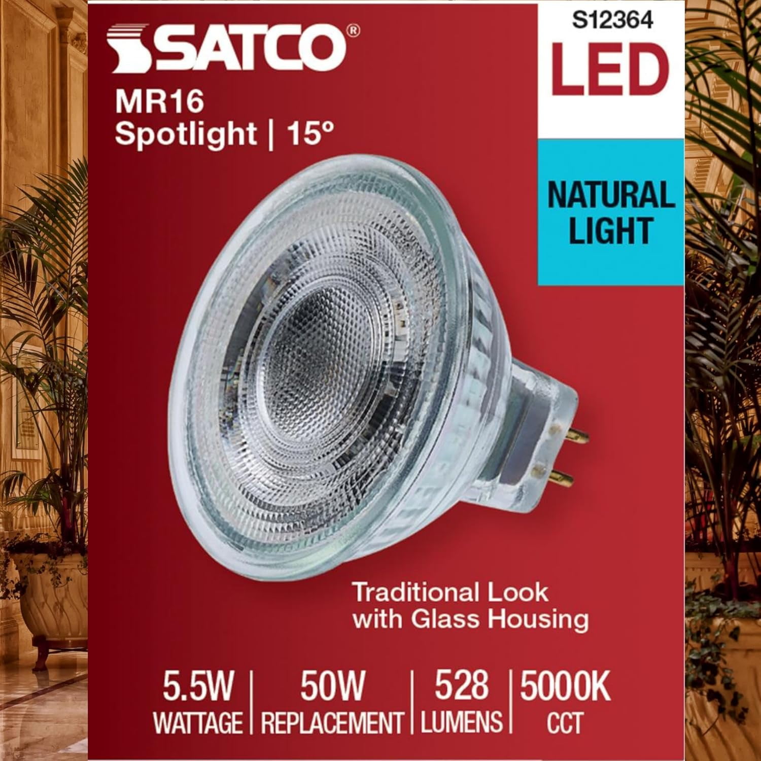 Satco S12364 MR16 LED Flood Light Bulbs 12V 5.5W 5000K GU5.3 Base Dimmable (12 Pack)