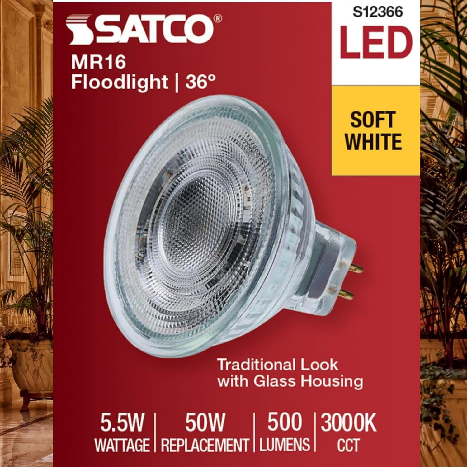 Satco S12366 MR16 LED Flood Light Bulbs 12V 5.5W 3000K GU5.3 Base Dimmable (12 Pack)