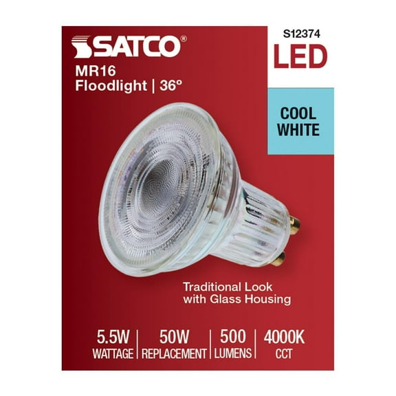 Satco S12374 MR16 LED Flood Light Bulbs 120V 5.5W 4000K GU10 Base Dimmable (12 Pack)