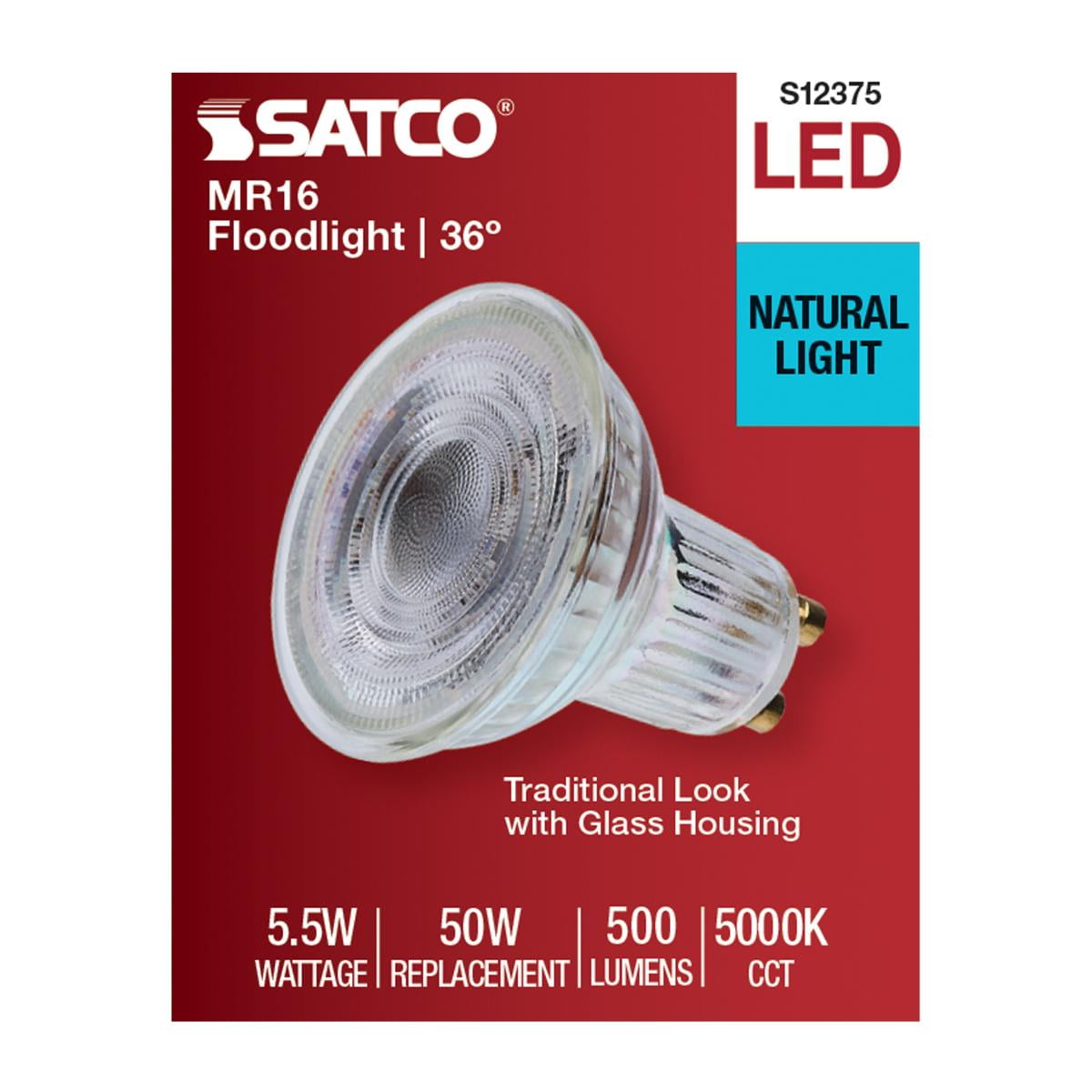 Satco S12375 MR16 LED Flood Light Bulbs 120V 5.5W 5000K GU10 Base Dimmable (12 Pack)