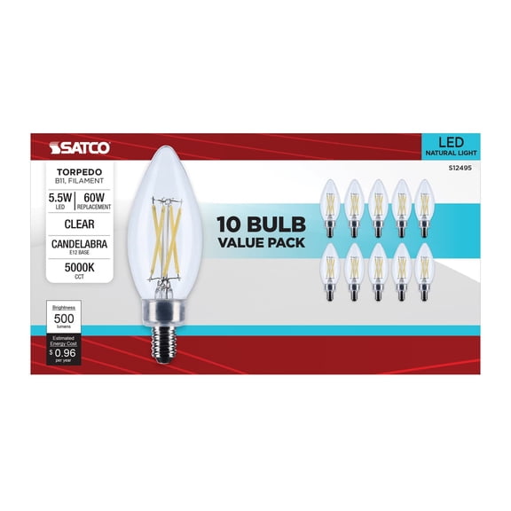 Satco S12495 LED Filament B11 Candle Light Bulbs 5.5W 120V 5000K E12 Candelabra Base Dimmable WET Location (10 Pack)