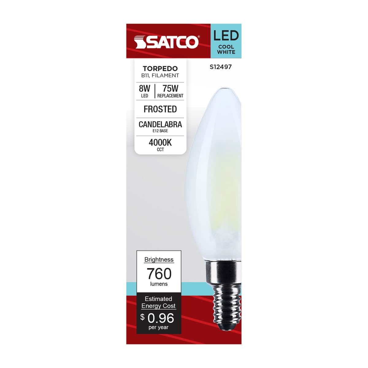 Satco S12497 LED B11 Candle Light Bulbs 8W 120V 4000K High Lumen E12 Candelabra Base Dimmable Frost Finish WET Location (6 Pack)