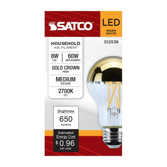 Satco S12538 LED Gold Crown A19 Light Bulbs 8W 120V 2700K E26 Medium Base Dimmable (6 Pack)