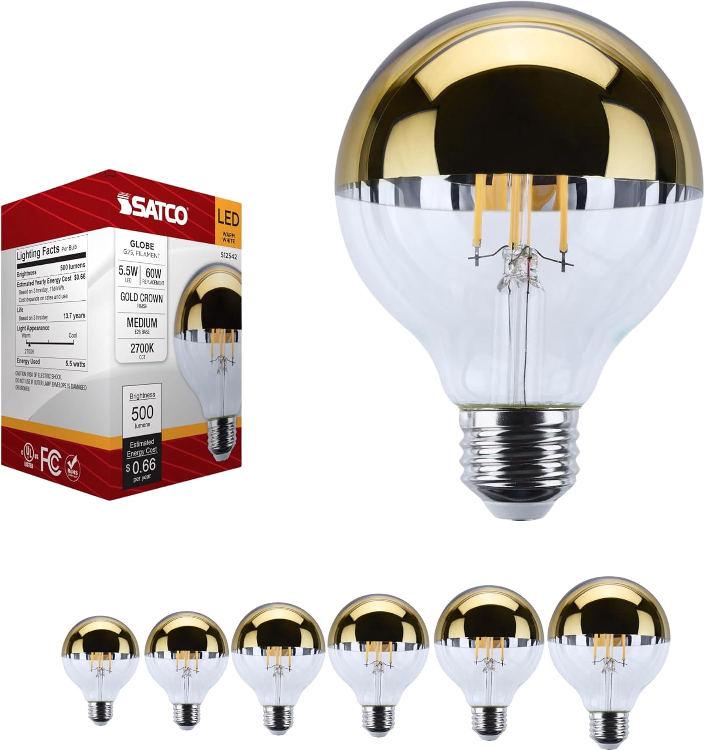 Satco S12542 G25 LED Gold Crown Globe Light Bulbs 5.5W 120V 2700K E26 Medium Base Dimmable (6 Pack)