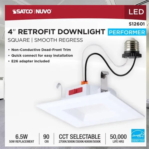 Satco S12601 6 Watt 4-Inch LED Downlight Retrofit CCT Selectable 2700K 3000K 3500K 4000K 5000K Square White Finish Energy Efficient Recessed Fixture (12 Pack)