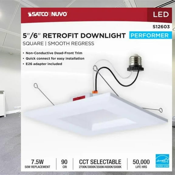 Satco S12603 8 Watt 56 Inch LED Downlight Retrofit CCT Selectable 2700K 3000K 3500K 4000K 5000K Square White Finish Energy Efficient Recessed Fixture
