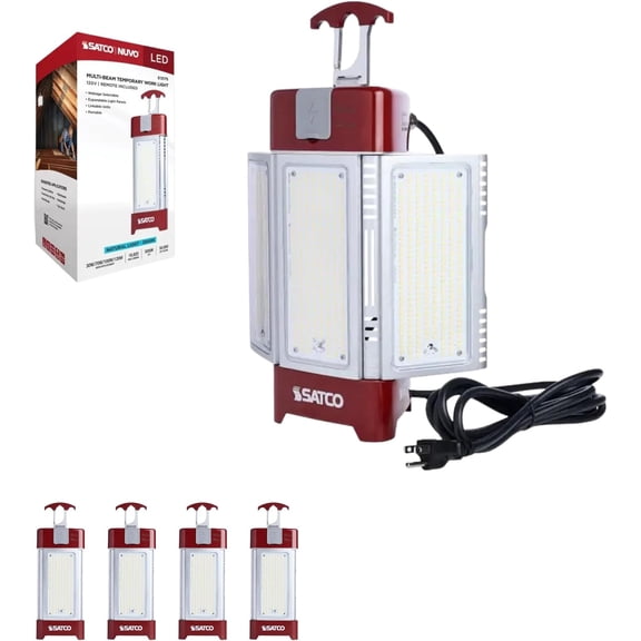 Satco S13175 30/70 / 100/120 Watt LED Work Light with Remote 5000K Natural Light IP64 Rated Red Finish Step Dimmable 120 Volt Portable Utility Fixture (4 Pack)