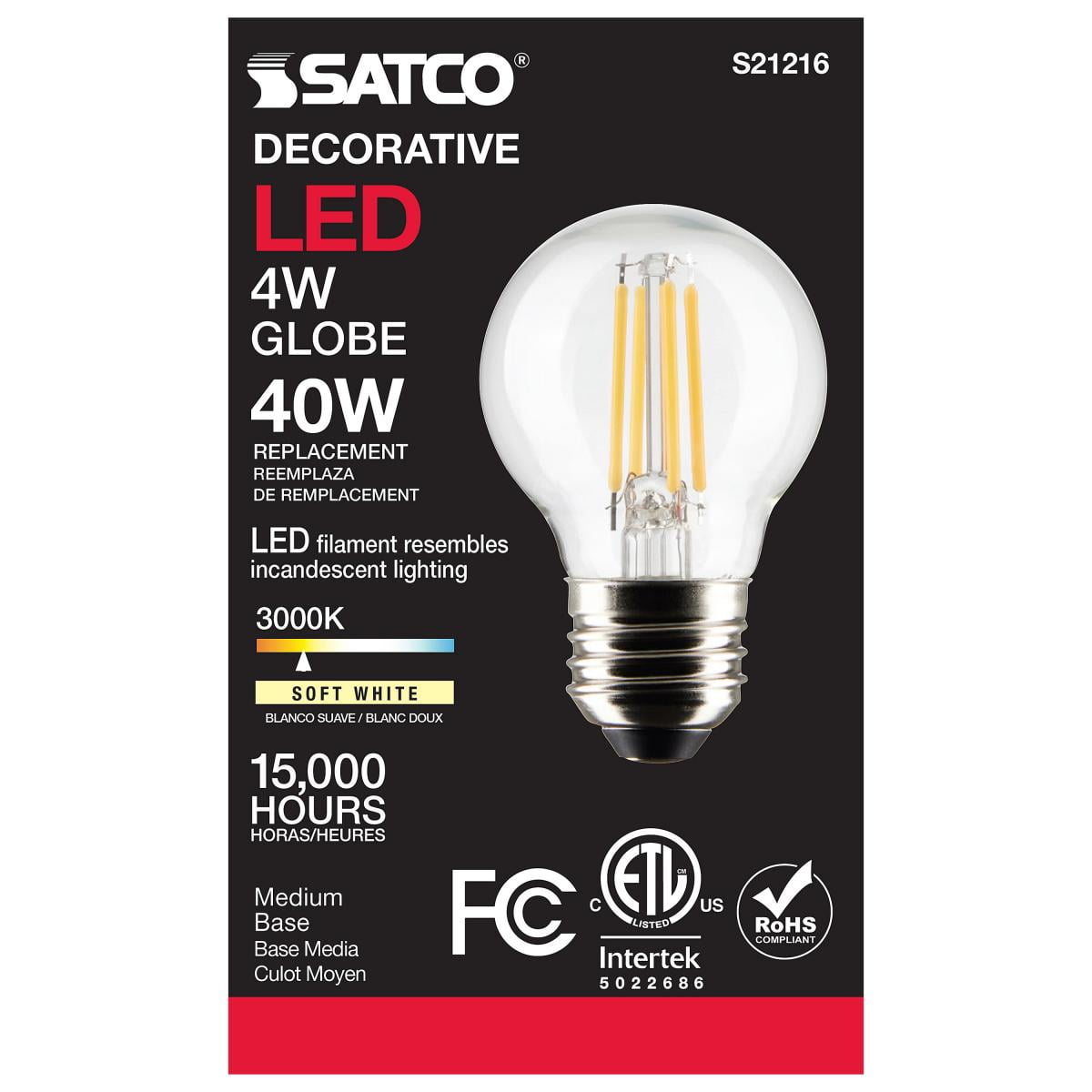 Satco S21216 G16.5 Globe LED Light Bulbs 4W 120V 3000K 90+CRI E26 Medium Base Dimmable (6 Pack)