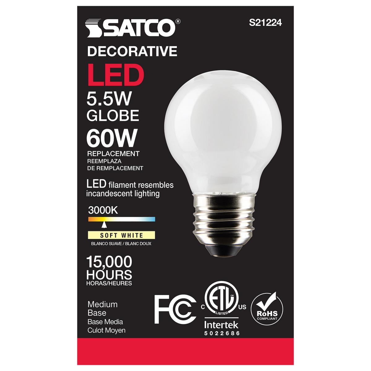 Satco S21224 G16.5 Globe LED Filament Light Bulbs 5.5W 120V 3000K 90+CRI E26 Medium Base Frosted Dimmable (6 Pack)