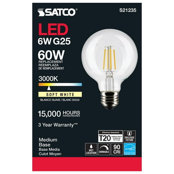 Satco S21235 G25 Globe LED Light Bulbs 6W 120V 3000K 90CRI E26 Medium Base Dimmable (6 Pack)