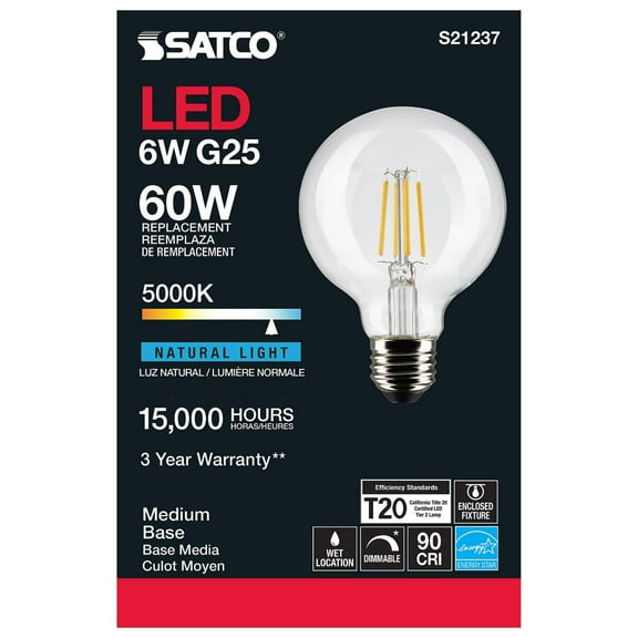 Satco S21237 G25 Globe LED Light Bulbs 6W 120V 5000K 90CRI E26 Medium Base Dimmable (6 Pack)