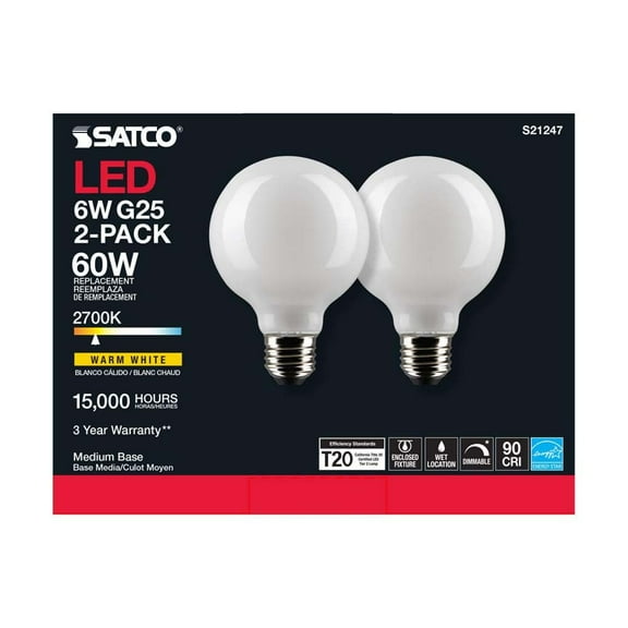 Satco S21247 G25 Globe LED Light Bulbs 6W 120V 2700K E26 Medium Base Dimmable (2 Pack)