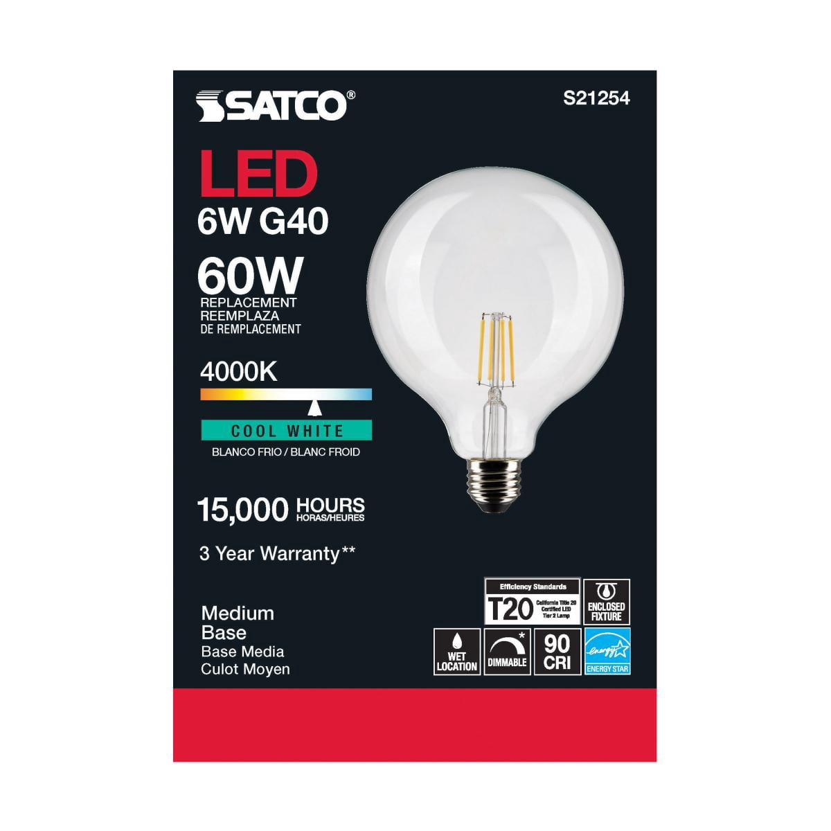 Satco S21254 G40 Globe LED Light Bulbs 6W 120V 4000K 90CRI E26 Medium Base Dimmable (6 Pack)