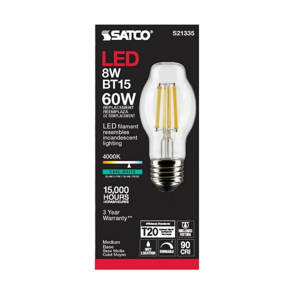Satco S21335 8W 120V BT15 LED Light Bulbs E26 Medium Base 4000K 800L 90+ CRI Dimmable (6 Pack)
