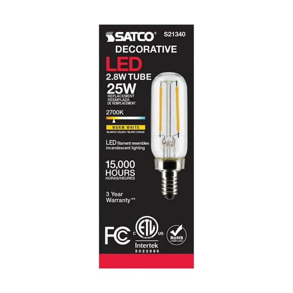 Satco S21340 T6 LED Filament Light Bulbs 2.8W 120V  2700K 90CRI E12 Candelabra Base Dimmable (6 Pack)