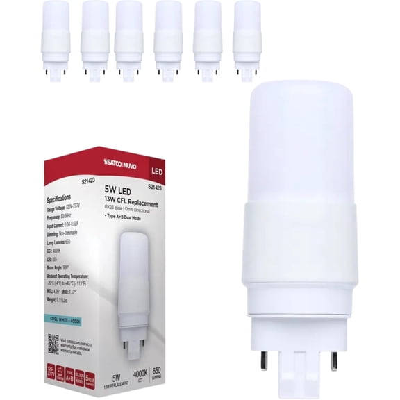 Satco S21423 5W LED PL GX23, Type A/B Dual Mode (Ballast Compatible or Bypass), 4000K Cool White, 650 Lumens, 13W CFL Replacement, Frosted Lens, 120-277V, Damp Location, NSF (6 Pack)