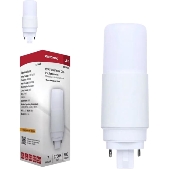Satco S21425 7W LED PL G24d 2-Pin, Type A/B Dual Mode (Ballast Compatible or Bypass), 2700K Warm White, 800 Lumens, Replaces 13W/18W/26W CFL, Frosted Lens, 120-277V, Damp, NSF