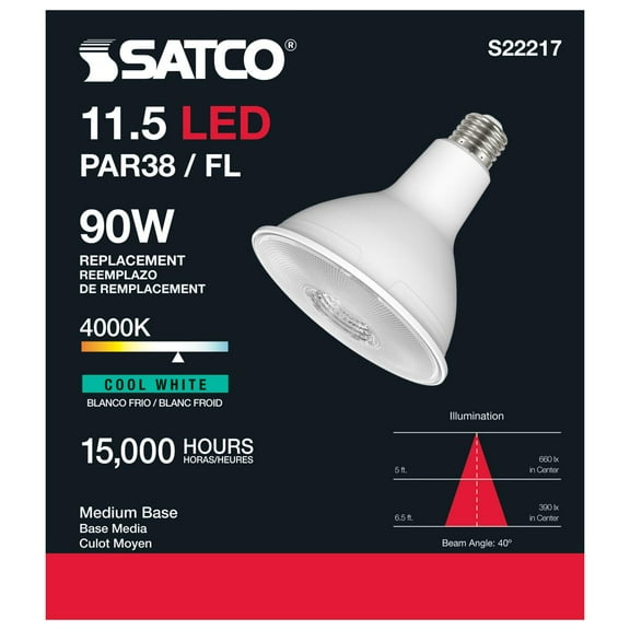 Satco S22217 LED PAR38 Light Bulb 11.5W 120V 4000K 1000L E26 Medium Base Dimmable (6 Pack)