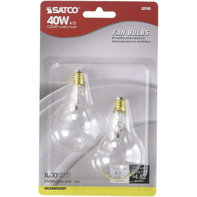 Satco S2740 120V Candelabra Base 40Watt A15 Light Bulb, Clear