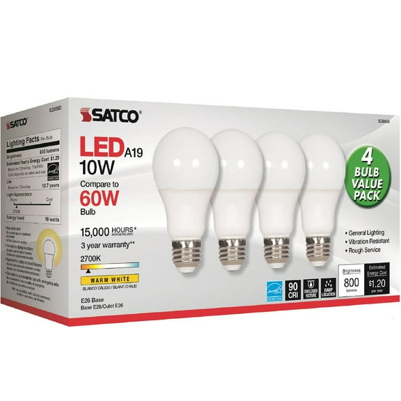 Satco 10W A19 LED 2700K Frosted Bulbs - 10 W - 60 W Incandescent Equivalent Wattage - 120 V AC - 800 lm - A19 Size - Warm White Light Color - E26 Base - 15000 Hour - 4400.3F (2426.8C) Color