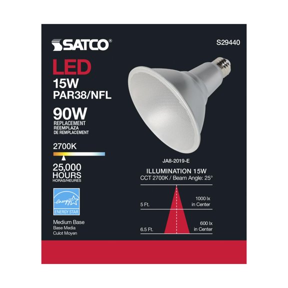 15 Watt - PAR38 LED - 2700K - 25 deg. Beam Angle - Medium base - 120 Volt 6-Pack