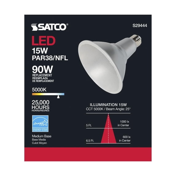 Satco S29444 PAR38 LED Reflector Light Bulbs 15W 120V 5000K 1200L Dimmable WET Location (6 Pack)