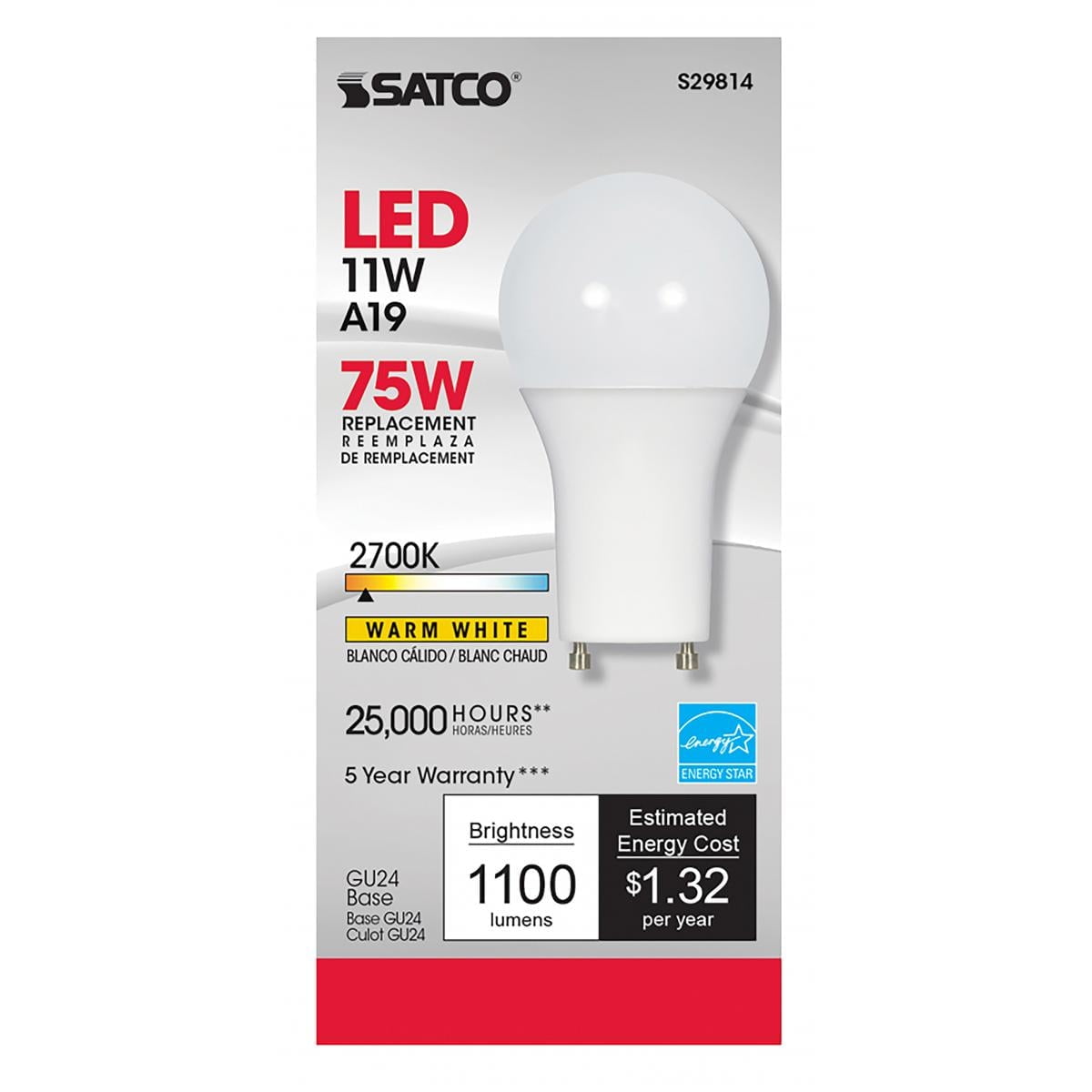 Satco S29814 A19 LED Light Bulbs 11W 120V 2700K GU24 Base Dimmable (6 Pack)