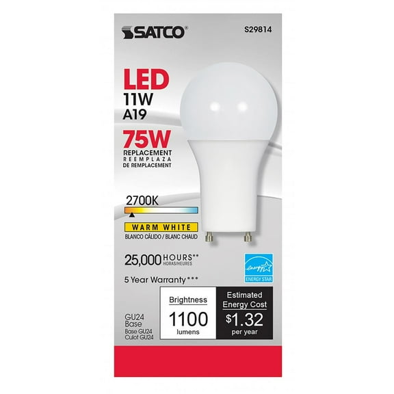 Satco S29814 A19 LED Light Bulbs 11W 120V 2700K GU24 Base Dimmable (6 Pack)
