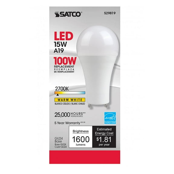 Satco S29819 LED A19 Light Bulbs 15W 120V 2700K GU24 Bi-Pin Base Frosted Dimmable (6 Pack)