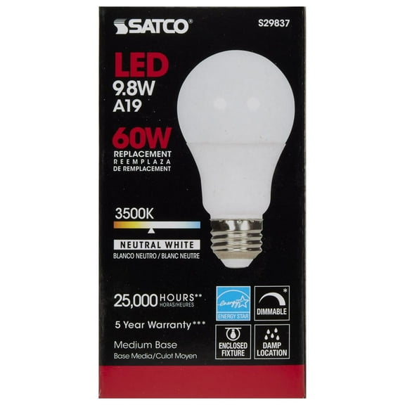 Satco S29837 A19 LED Light Bulbs 9.8W 120V 3500K E26 Medium Base 220 deg. Beam Angle Dimmable (6 Pack)