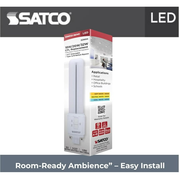 Satco S29854 LED PL Light Bulbs 9.5W 120-277V CCT Select 3000/3500/4000K G24q 4-Pin Base Dimmable (24 Pack)