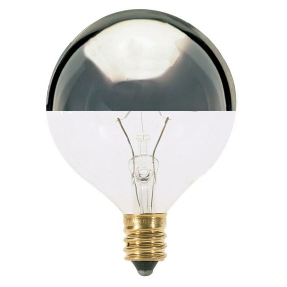 Satco S3244 - 25 watt G16 1/2 Incandescent; Silver Crown; 1500 average rated hours; 232 lumens; Candelabra base; 120 volts