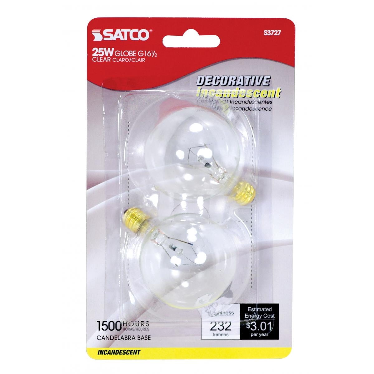 Satco S3727 G16.5 Incandescent Globe Light Bulbs 25W 120V 2700K E12 Candelabra Base Dimmable (20 Pack)