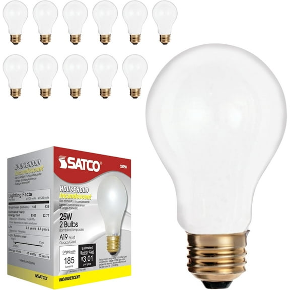 Satco S3950 A19 Incandescent Light Bulbs 25W 130V Frosted Finish E26 Medium Base Dimmable (12 Light Bulbs)