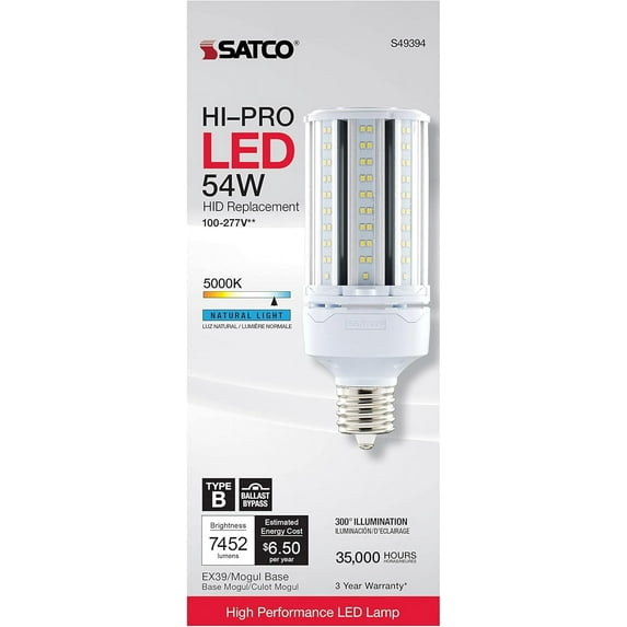Satco S49394 54 Watt Hi-Pro LED Extended Mogul 5000K HID Replacement Light Bulb (1 Pack)