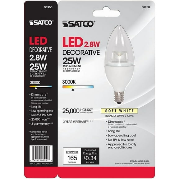 Satco S8950 Candelabra Light Bulb in White Finish, 3.75 inches, 2, Clear
