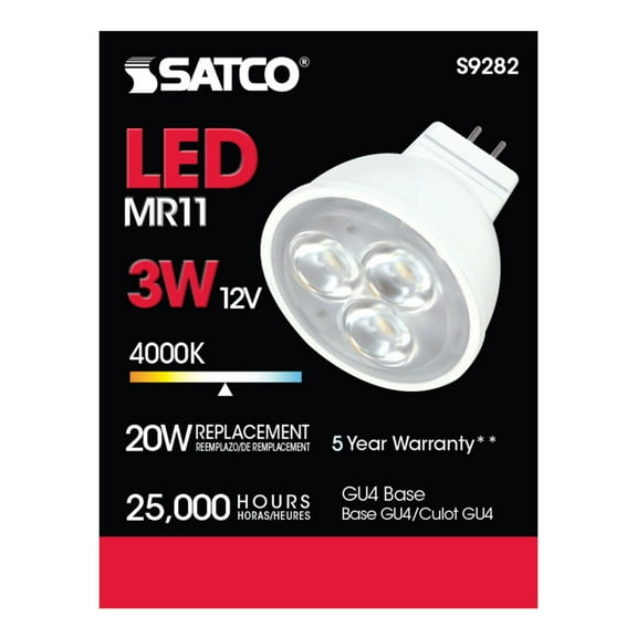 Satco S9282 LED MR11 Light Bulbs 3 Watt 12 Volt AC/DC 4000K 210 Lumen GU4 Bi-Pin Base (12 Pack)