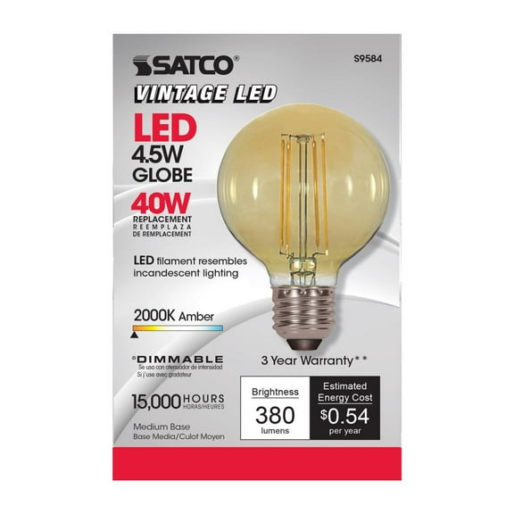 Satco S9584 G25 Amber Globe LED Light Bulbs 4.5W 120V 2000K Dimmable (6 Pack)