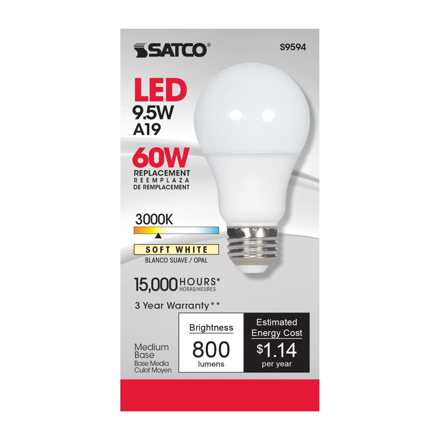 SATCO S9594 - 9.5 Watt A19 LED Frosted Light Bulbs - 3000K (6 Pack)