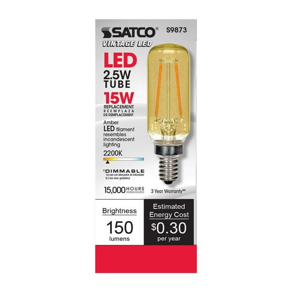 Satco S9873 T6 LED Light Bulbs Amber 2.5W 120V 2000K E12 Candelabra Base Dimmable (6 Pack)