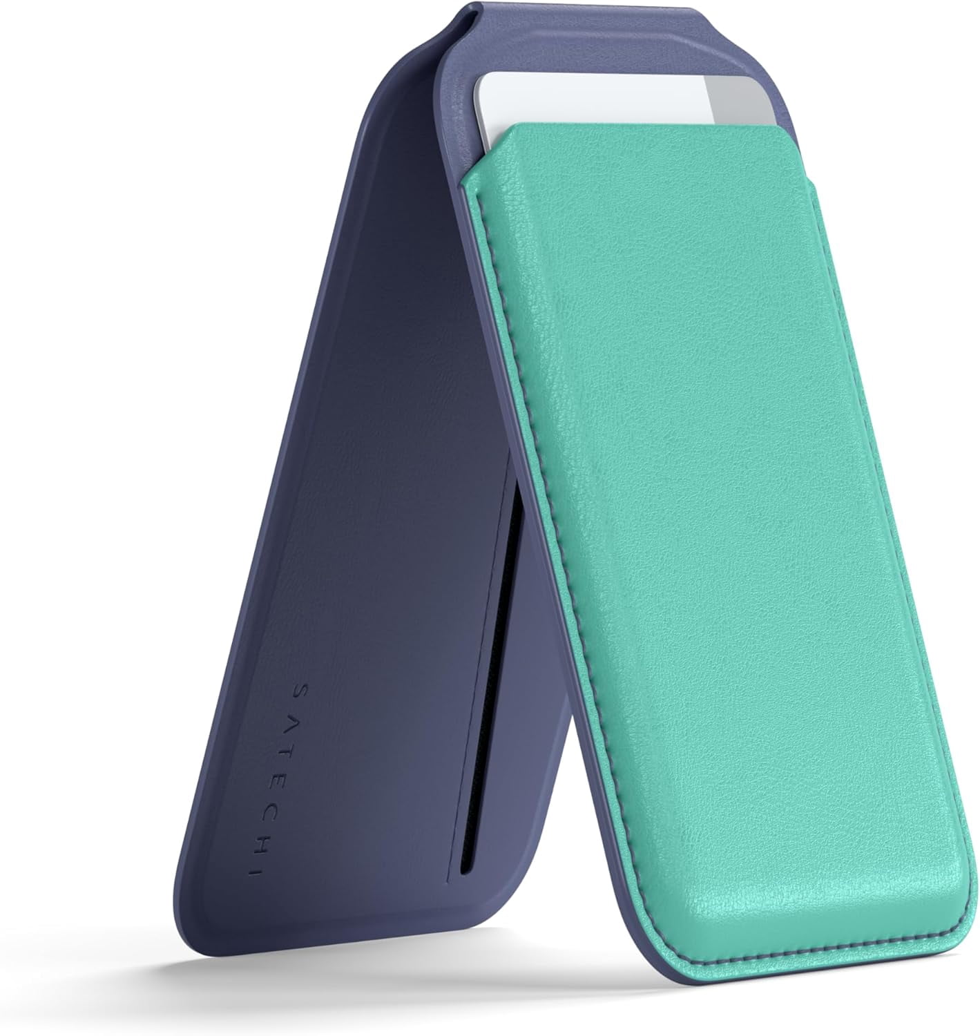 Satechi Magnetic Magsafe Wallet, Double Flap Stand Card Holder, 4 Slots with Front NFC Pass-Through, Adjustable Phone Attachment for iPhone 17/16/15/14/13/12, Travel Accessory, Aqua