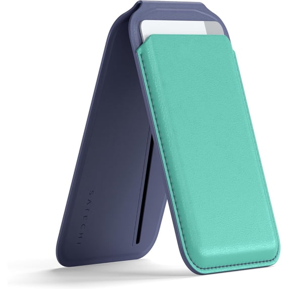 Satechi Magnetic Magsafe Wallet, Double Flap Stand Card Holder, 4 Slots with Front NFC Pass-Through, Adjustable Phone Attachment for iPhone 17/16/15/14/13/12, Travel Accessory, Aqua