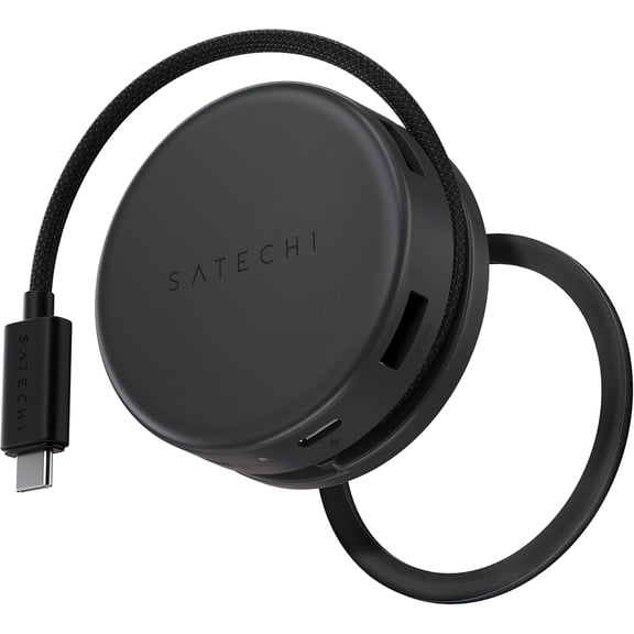 Satechi OntheGo 7-in-1 USB-C Hub, Compact Magnetic Multiport Adapter, 100W PD, HDMI 4K/60Hz, Gigabit Ethernet, 2xUSB-A 5Gbps, SD/microSD Reader, Coiled Cable, for Mac & Windows - Space Black