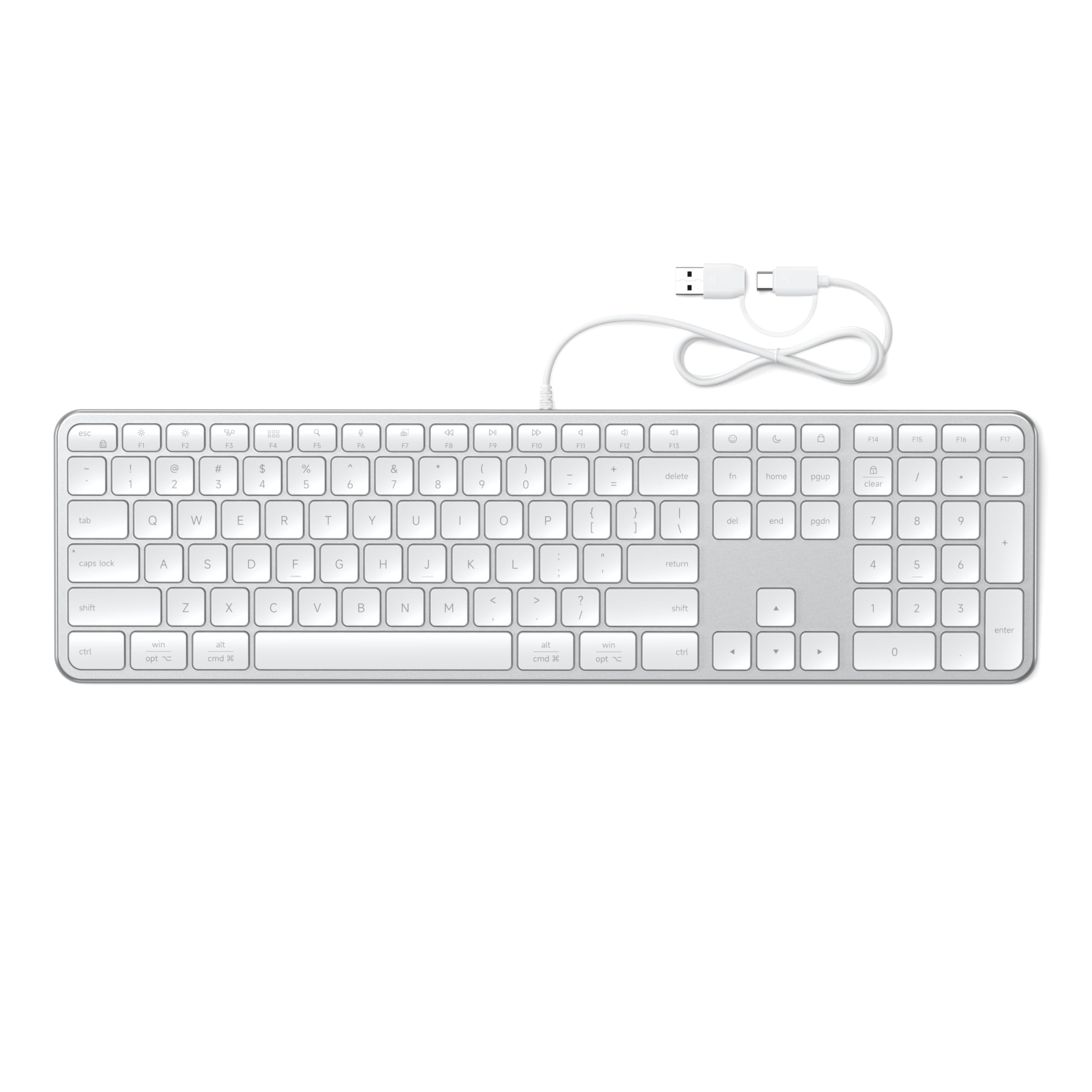 Satechi Slim LX3 Wired Keyboard, Full-Size Aluminum Design with Cross-Platform OS Switching, USB-C Connectivity, Designed for Mac and PC Setups, Silver