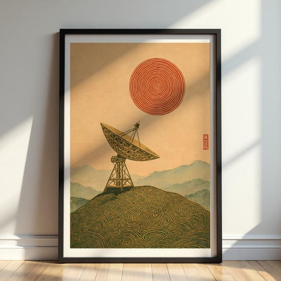 Satellite Dish Retro Futuristic Wall Art Japanese Style Landscape Sci-Fi Minimalist Print Japandi Tech Decor, Unframed Paper Print