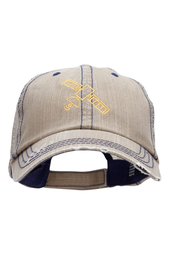 Satellite Outline Embroidered Unstructured Cotton Mesh Cap - Khaki OSFM