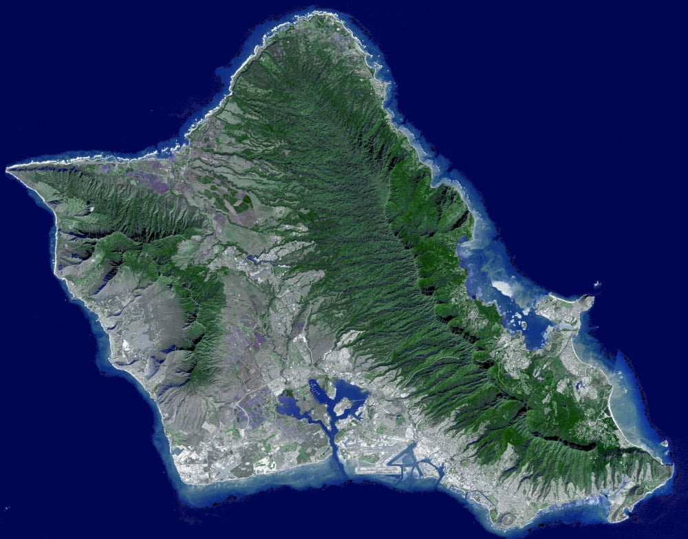Satellite image of Oahu Hawaii Canvas Art - Stocktrek Images (32 x 25)