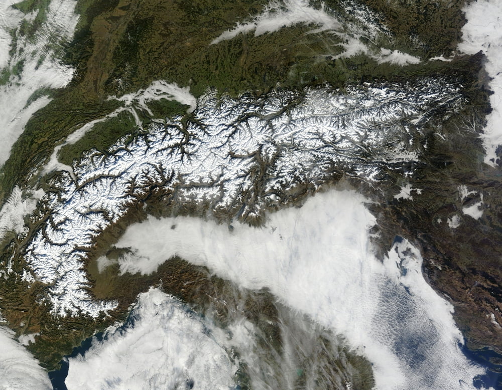 Satellite image of The Alps mountain range Canvas Art - Stocktrek Images (32 x 25)