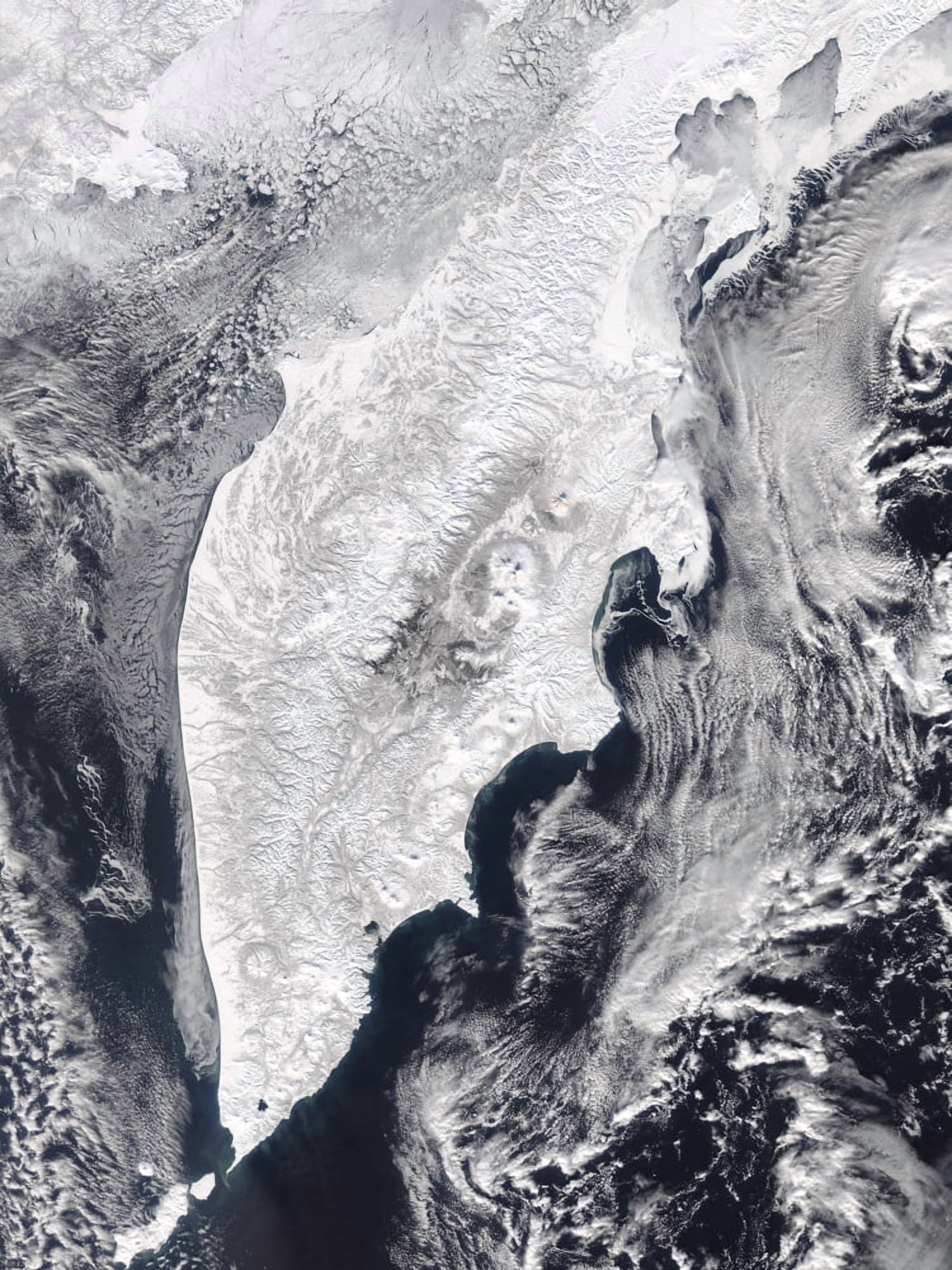 Satellite view of Kamchatka Peninsula Eastern Russia Canvas Art - Stocktrek Images (25 x 33)