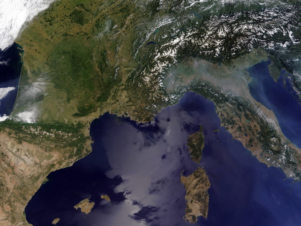 Satellite view of Southern France and Northern Italy Canvas Art - Stocktrek Images (32 x 24)